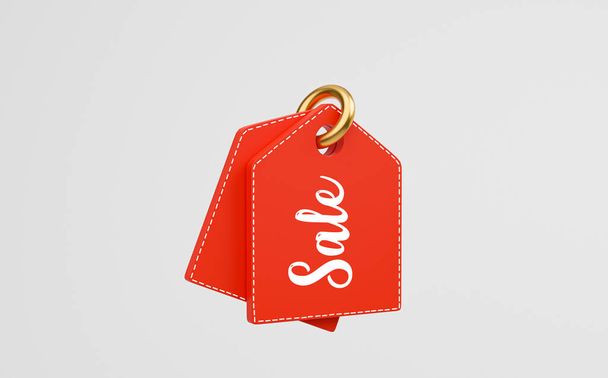 Realistic red price tag label with golden ring for special order and discount of shopping promotion sale concept by 3d render illustration. - 写真・画像