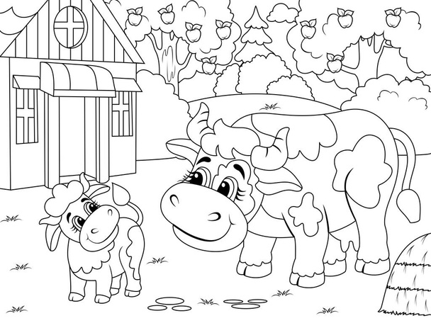 Сельскохозяйственная площадка. Корова и теленок. Детская раскраска. - Фото, изображение