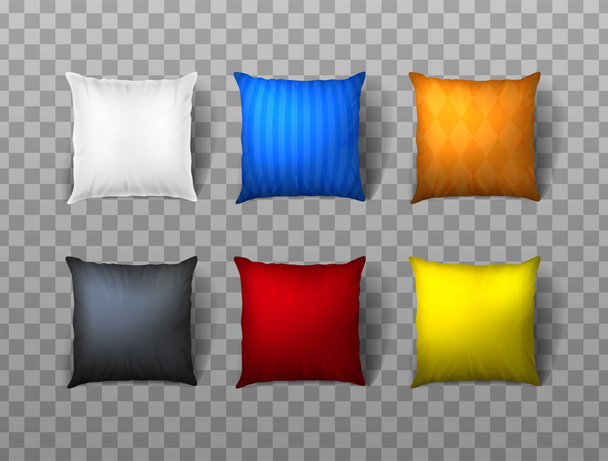 3d realistyczny zestaw ikon wektorowych. kwadratowa poduszka z wzorami i różnymi kolorami. - Wektor, obraz