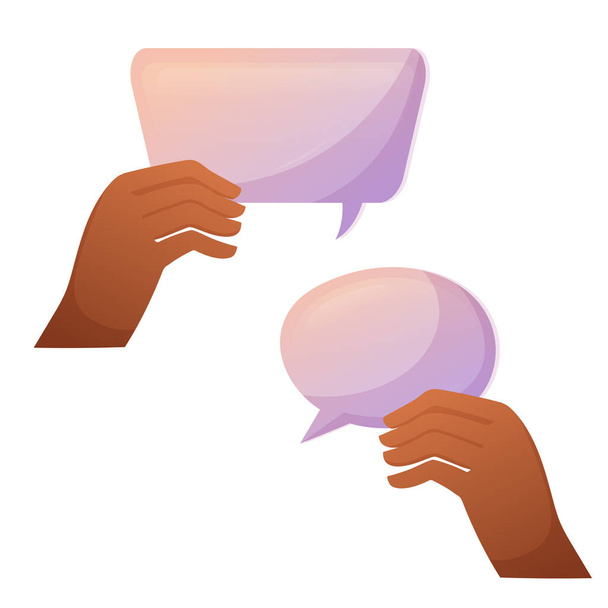 Dos manos sostienen dos burbujas de discurso en forma diferente para el diseño de conceptos. Dibujos animados vector ilustración aislada. Mensaje globo con espacio de copia vacío - Vector, imagen