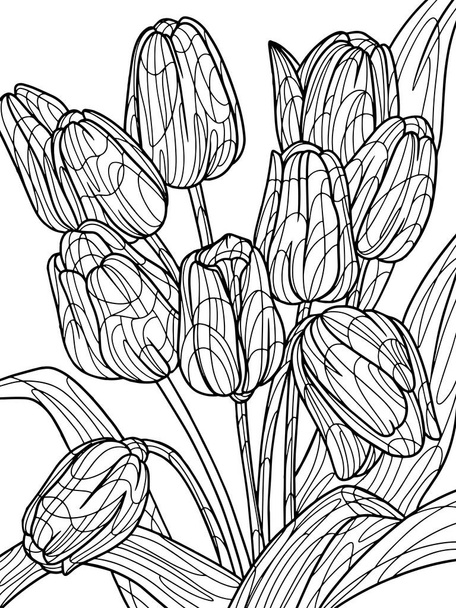 Flowers tulips isolated object, white background. Coloring book antistress for children and adults. Zen-tangle style. - Photo, image