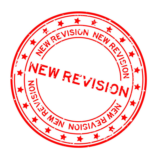 Grunge piros új revízió szó kerek gumi pecsét fehér háttér - Vektor, kép