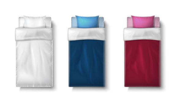 3d realistyczny zestaw ikon wektorowych. Rama łóżko pojedyncze z materacem i kołdrą w kolorze białym, czerwonym, niebieskim. - Wektor, obraz