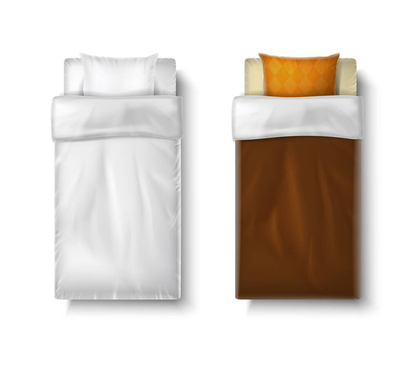 3D gerçekçi vektör simgesi ayarlandı. Tek kişilik ve çift kişilik yatak, beyaz çarşaflar, yorgan ve iki yastık.. - Vektör, Görsel