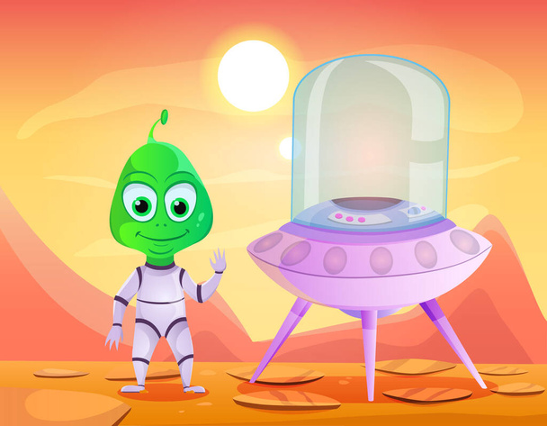 A funny cute alien in a spaceship landed on the planet's surface. - Fotó, kép