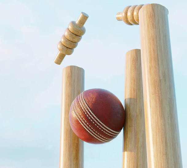Wooden cricket wickets with dislodging bails on a day sky background - 3D render - Foto, Imagen