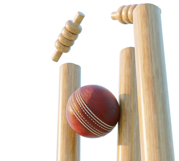 Деревянные крикетные калитки со смещением залога на изолированном белом фоне - 3D рендеринг - Фото, изображение
