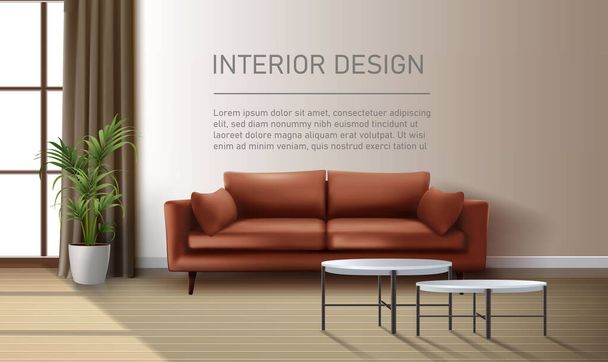 3d fondo vector realista. Interior con sofá de cuero moderno, sala de estar con ventana. - Vector, imagen