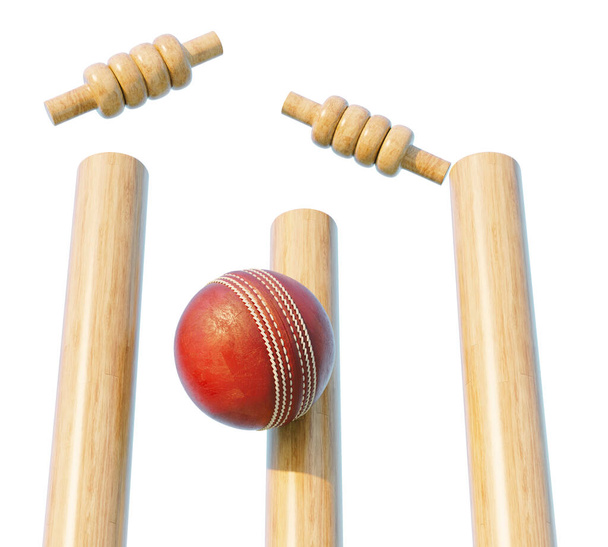 Guichets de cricket en bois avec des bails délogés sur un fond blanc isolé - rendu 3D - Photo, image