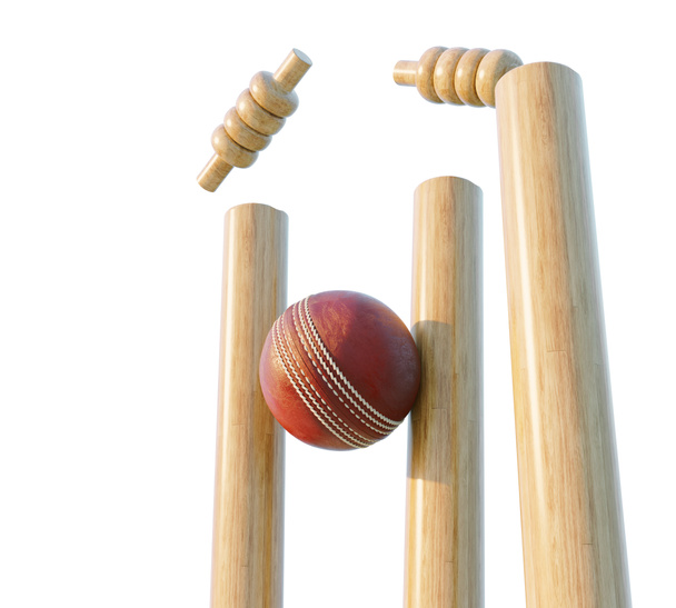Wooden cricket wickets with dislodging bails on an isolated white background - 3D render - Φωτογραφία, εικόνα