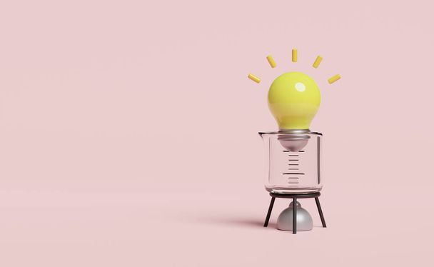3D-s tudományos kísérleti készlet sárga izzóval, főzőpohárral, rózsaszín alapon izolált alkohollámpa. ötlet tipp oktatás, tudás teremt ötleteket, tanulási koncepció, 3d render illusztráció - Fotó, kép
