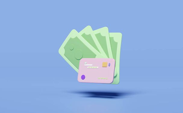 青の背景に隔離されたお金の銀行券のスタックと3Dクレジットカードのアイコン。オンラインショッピング、お金の節約、オンライン決済、ビジネスファイナンス、キャッシュレスコンセプト、 3Dレンダリングイラスト  - 写真・画像