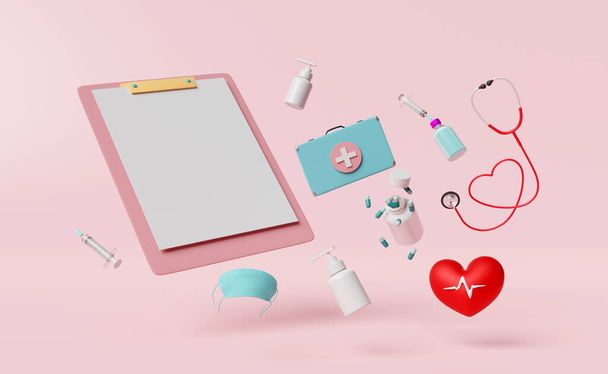 3D-Checklisten-Vorlage mit Verbandstasche, Stethoskop, Spritze, rotem Herzen, Blutdruck-Herzfrequenz isoliert auf rosa Hintergrund. Gesundheitsliebe oder Weltherztag-Konzept, 3D-Darstellung - Foto, Bild