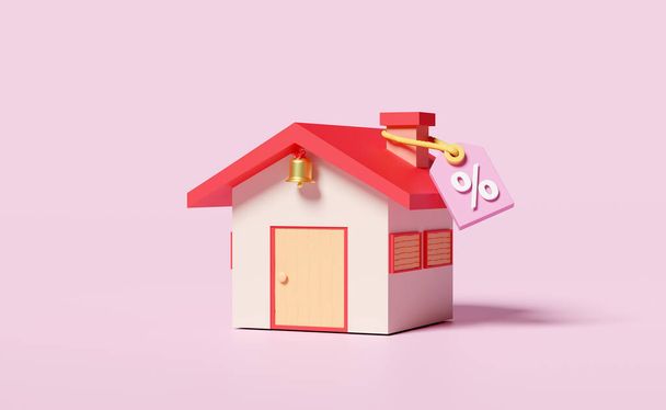 3D-Rabatt-Verkaufs-Symbol mit rotem Haus, Preisschilder Coupon isoliert auf rosa Hintergrund. Marketing Promotion Bonuskonzept, 3D Renderillustration  - Foto, Bild
