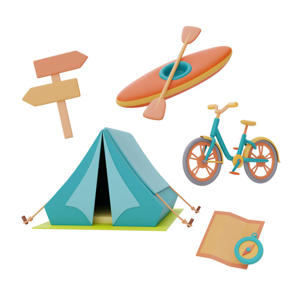 kempovací stan s kajakem, jízdním kolem, ukazatelem, mapou a kompasem, koncept táboření, letní tábor, 3d rendering. - Fotografie, Obrázek