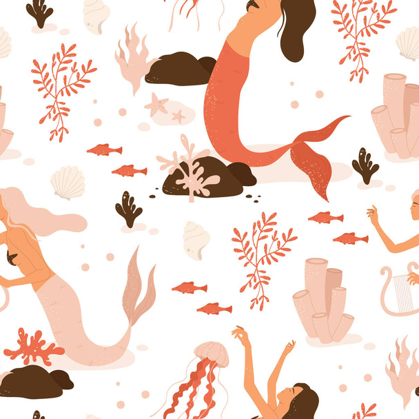 Beautiful young mermaid with ocean flora and fauna seamless pattern. Fairy tale and underwater creature wallpaper. Sea and ocean aesthetic. Isolated vector illustration in cartoon style. - Вектор,изображение