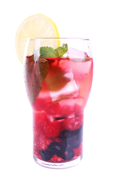 Glass of berry cocktail with lemon and mint on white background isolated - Foto, afbeelding