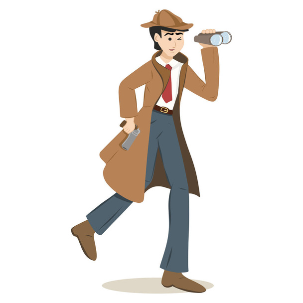 Detective Character running behind criminals holding gun and looking through binoculars - Vector, Image