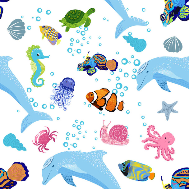 Marine life, fish, animals bright seamless pattern. sea travel, underwater diving animal tropical fish. Jellyfish, whale, shark, seahorse, clown fish, dolphin, turtle emperor fish octopus stingray - Vector, Image