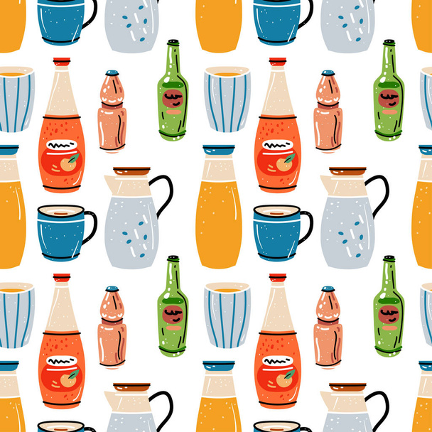 Colored seamless of food and drink. Pattern with bright colorful crockery - Διάνυσμα, εικόνα