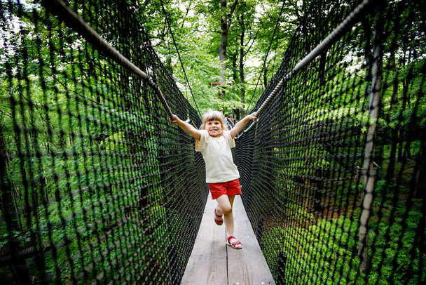 Pieni esikoulutyttö kävelee korkealla puunlatvuspolulla, jossa on puinen kävelytie ja köydet Hoherodskopfilla Saksassa. Onnellinen aktiivinen lapsi tutkii puunlatvapolkua. Hauska toiminta perheille ulkona - Valokuva, kuva