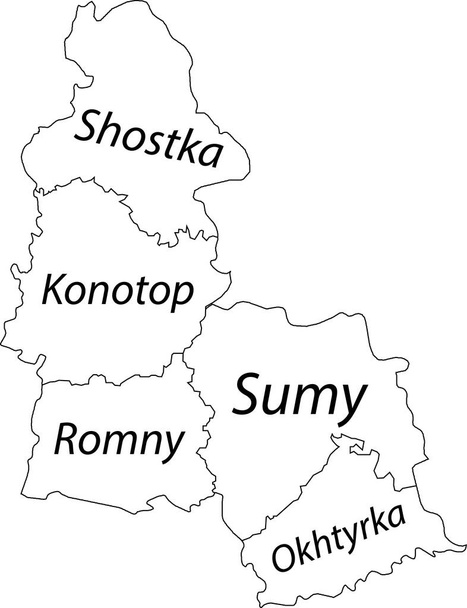 White flat vector map of raion areas of the Ukrainian administrative area of SUMY OBLAST, UKRAINE with black border lines and name tags of its raions - Vector, Image