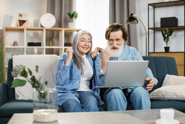Cheerful senior couple gesturing for expressing happiness while sitting on couch with laptop. - Fotografie, Obrázek
