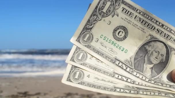 Deniz ve deniz dalgalarının arka planında üç dolarlık banknot tutan kişi - Video, Çekim