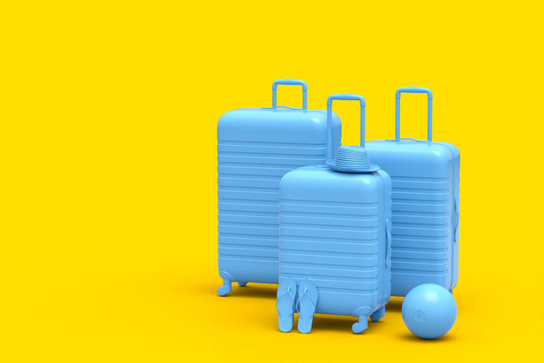 Suitcase with beach ball and flip flops on monochrome yellow background. 3D render of summer vacation concept and holidays - Фото, зображення