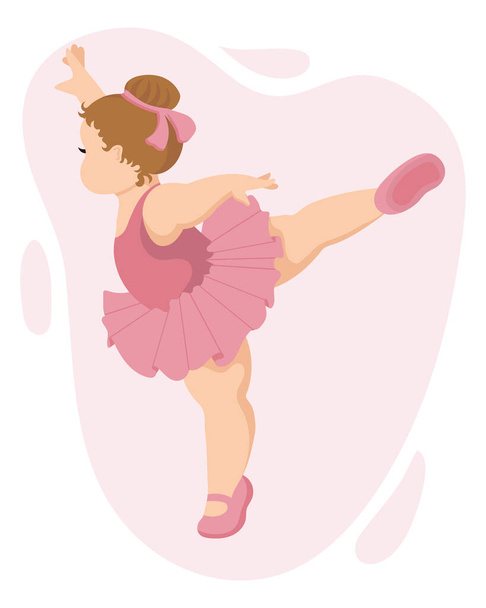 Illustration, a little full girl ballerina in a pink dress and pointe shoes. Girl dancing. Print, clip art, cartoon illustration - Вектор,изображение