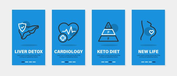 Health and body care onboarding templates. Vertical banners with linear icons on blue background - Вектор,изображение
