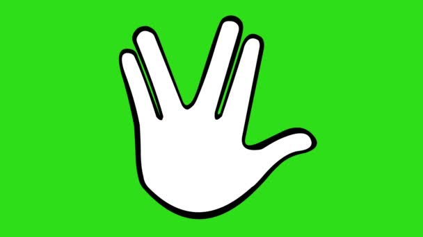 Lazo de animación de una mano haciendo el saludo Vulcano, dibujado en blanco y negro. Sobre un fondo de croma clave verde - Metraje, vídeo