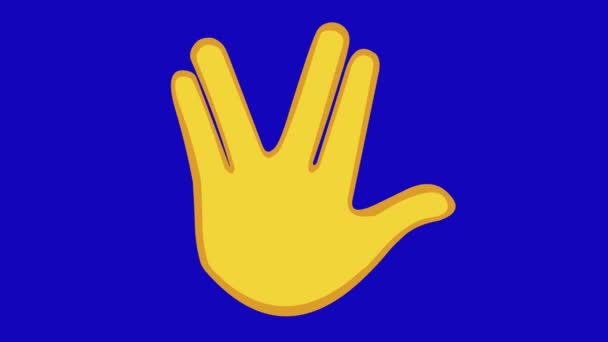 Loop animation of a yellow hand doing the vulcan salute, on a blue chroma key background - Felvétel, videó