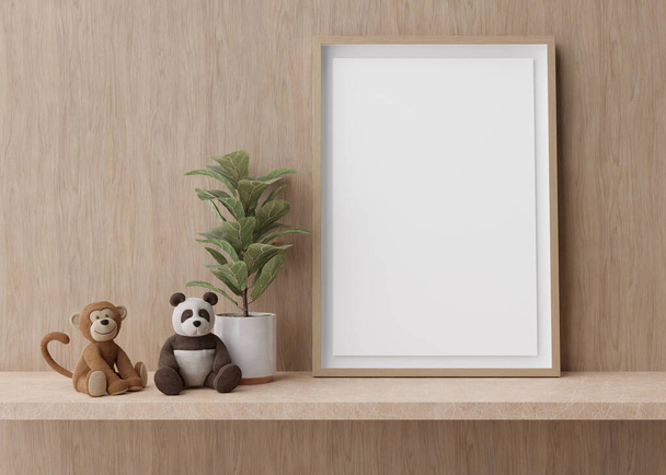 Empty vertical picture frame standing on shelve in modern child room. Mock up interior in contemporary style. Free, copy space for picture. Plant, plush toys. 3D rendering. - Photo, Image