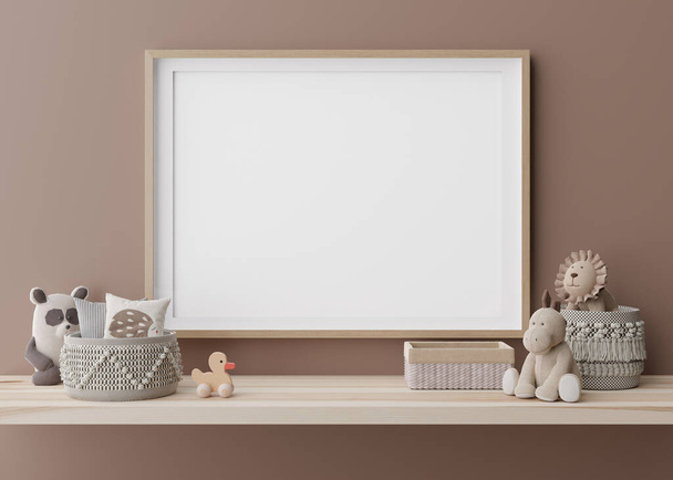 Empty horizontal picture frame hanging on brown wall in modern child room. Mock up interior in contemporary style. Free, copy space for picture. Rattan baskets, plush toys. 3D rendering. - Photo, Image