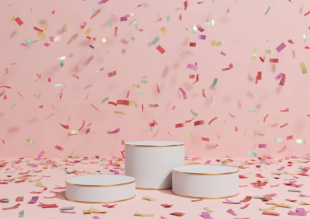 Pastel, light red, salmon pink 3D rendering product display three podiums stands with colorful confetti celebration anniversary advertising and golden lines for luxury products simple, minimal background - Foto, imagen