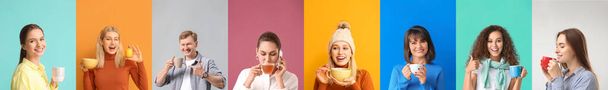 Set van mensen drinken van hete zwarte thee op kleurrijke achtergrond - Foto, afbeelding