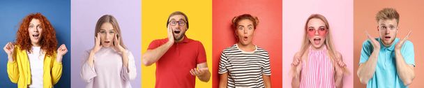 Collage with surprised people on colorful background - Foto, imagen