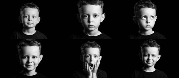 Conjunto de niño mostrando diferentes emociones sobre fondo negro - Foto, Imagen
