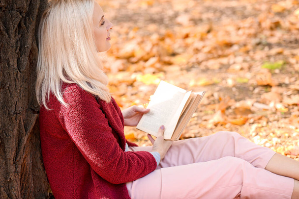 秋の公園で熟女読書本 - 写真・画像