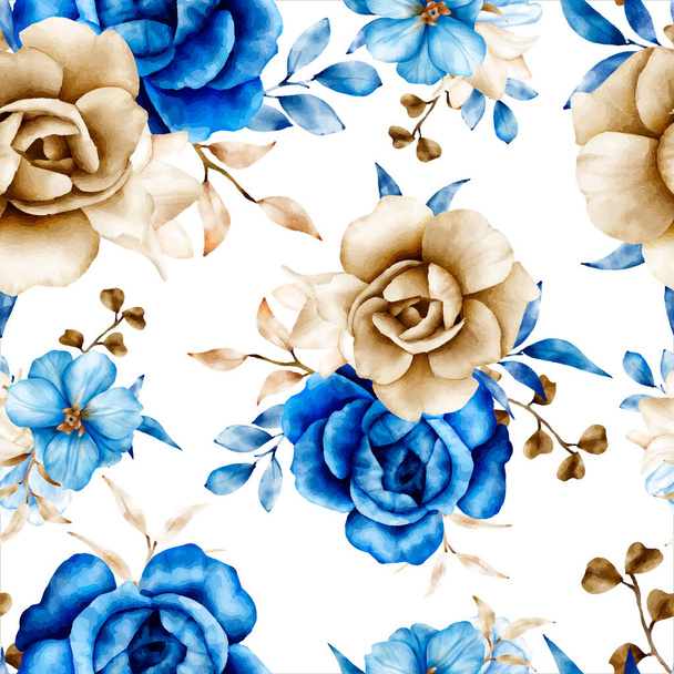 Watercolor floral seamless pattern with blue and brown flower and leaves - Vector, Image