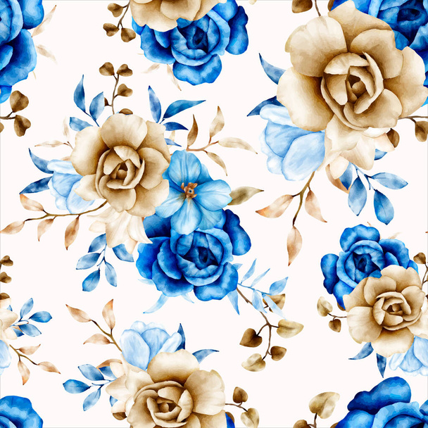 Watercolor floral seamless pattern with blue and brown flower and leaves - Vector, Image