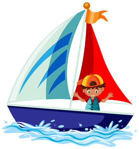 帆船で孤立したイラストの上の小さな男の子 - ベクター画像