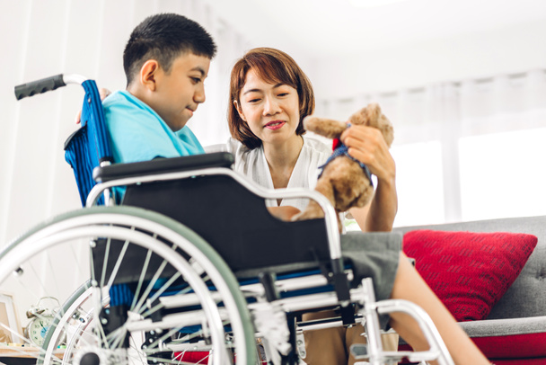 Mutlu aşk portresi. Asyalı anne oynuyor ve bakıcı tekerlekli sandalyede oturan engelli çocuğa bakıyor. Evde engelli bakımı konseptinde iyi vakit geçiriyor. - Fotoğraf, Görsel