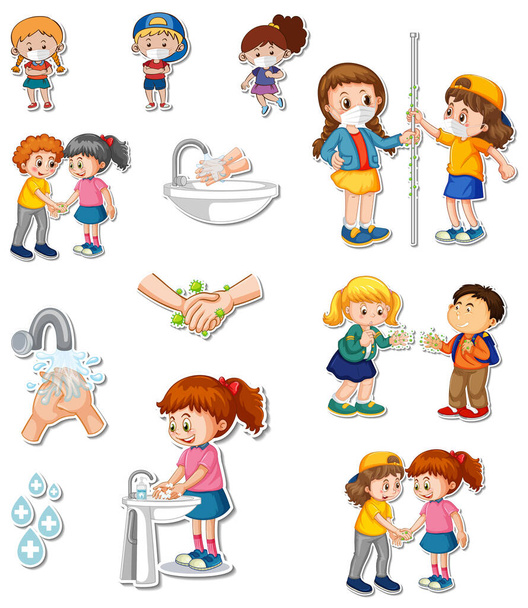 Sticker set of covid19 and cartoon characters illustration - Vetor, Imagem