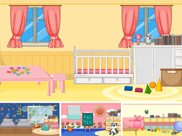 Set van verschillende kleuterschool klas scènes illustratie - Vector, afbeelding