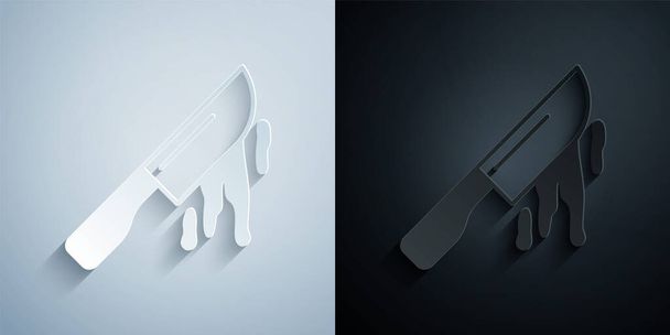 Paper cut Bloody knife icon isolated on grey and black background. Cutlery symbol. Happy Halloween party. Paper art style. Vector - Vetor, Imagem