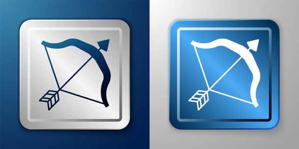 White Medieval bow and arrow icon isolated on blue and grey background. Medieval weapon. Silver and blue square button. Vector - Vettoriali, immagini