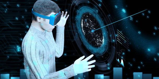 Uomo con vr occhiali e guardando mappa del mondo metaverso tecnologia concetto di navigazione realtà virtuale tecnologia illustrazione 3D - Foto, immagini