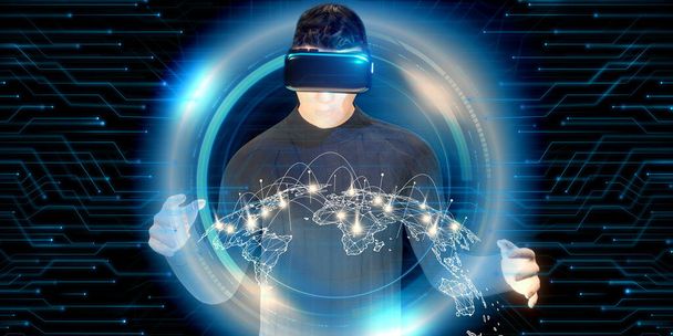 Mann mit VR-Brille und Blick auf Weltkarte metaverse Technologie Navigationskonzept Virtual-Reality-Technologie 3D-Illustration - Foto, Bild